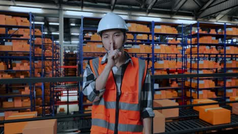 ingeniero masculino asiático con casco de seguridad haciendo un gesto de silencio mientras está de pie en el almacén con estantes llenos de mercancías de entrega