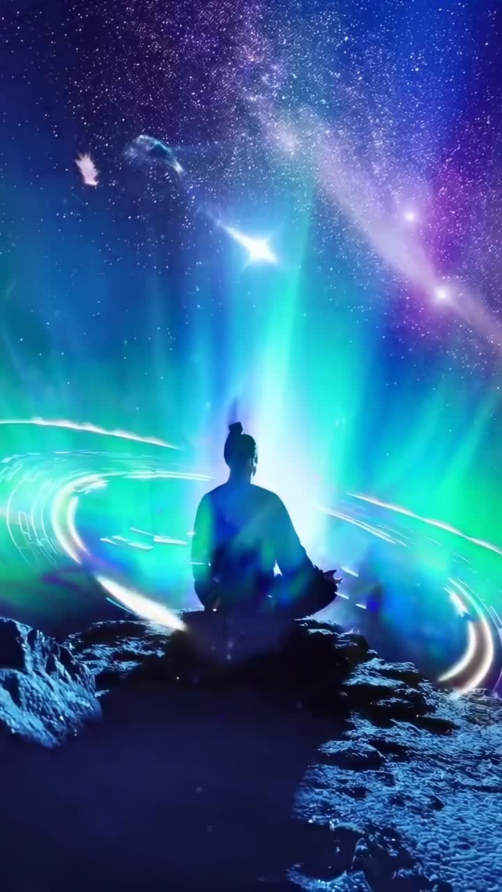Silhouette che medita sotto un cielo stellato con luci vibranti, inquadratura dal basso, concetto video
