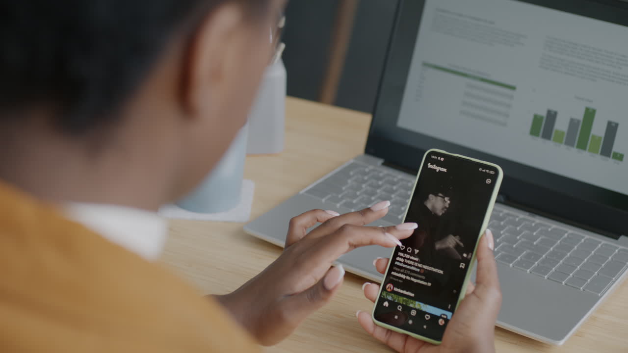 Woman using phone to view social media post of couple