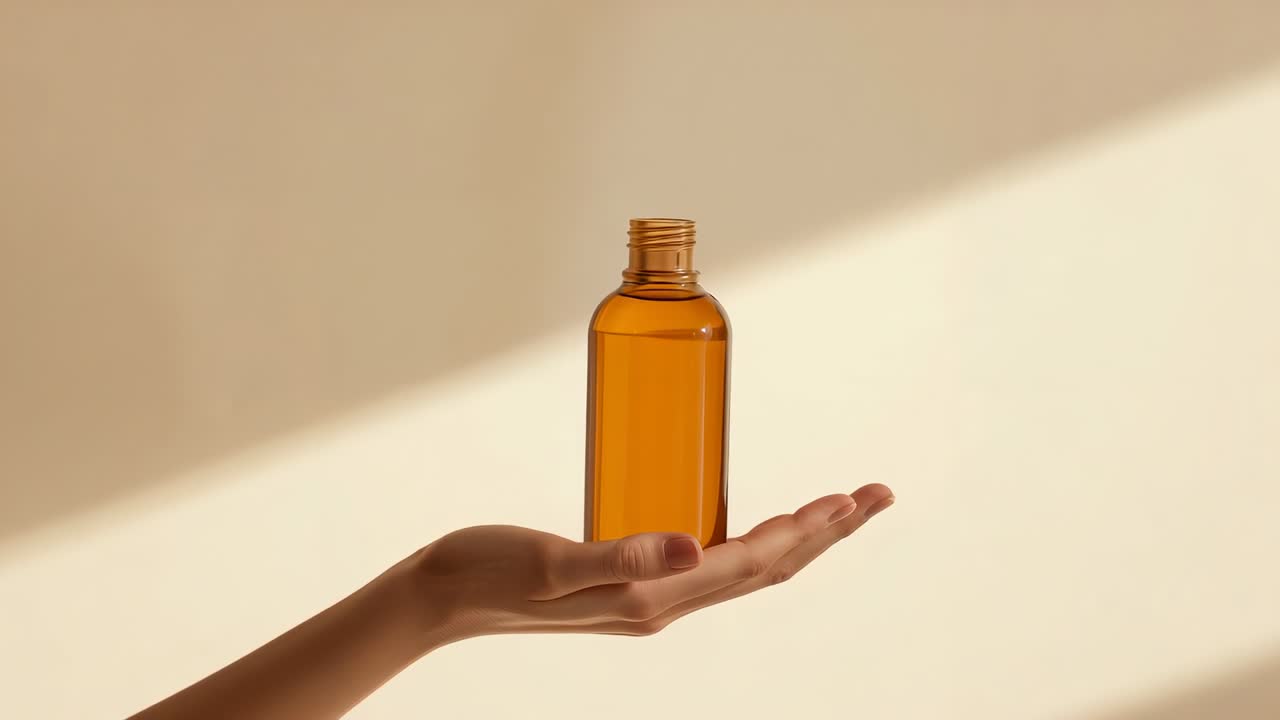 Lifting hand from left carrying amber glass bottle to center on cream wall, presenting product