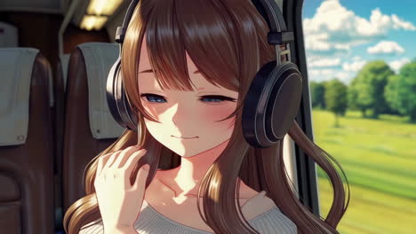 anime girl listening to music on a train