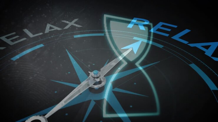 Compass needle pointing towards RELAX over hourglass animation