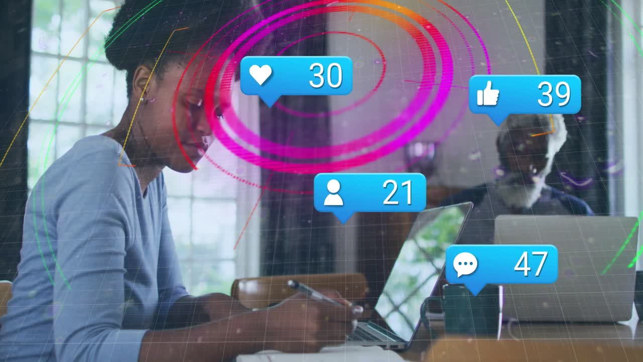 Animation of scope scanning and icons with numbers over african american woman using laptop