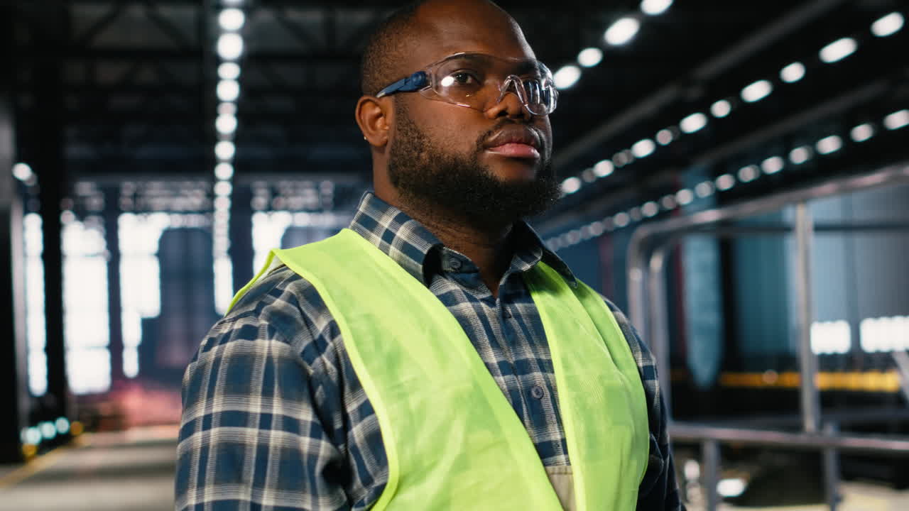Engineer in safety glasses uses tools in a fabrication workshop