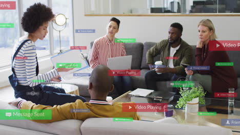in office, diverse group discussing with digital notifications and animation overlay