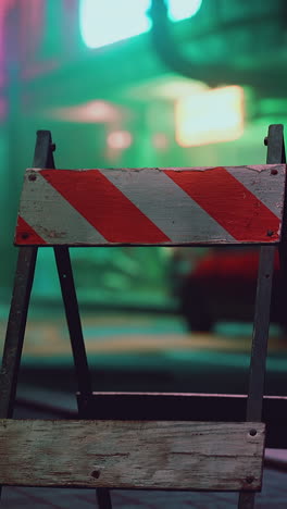 close up of a construction barricade in a city at night