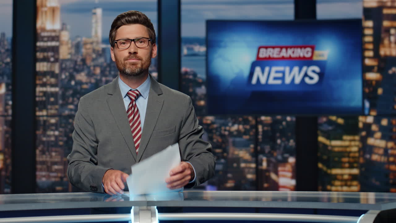 Cable channel anchor saying goodbye studio closeup. Man ending evening newscast