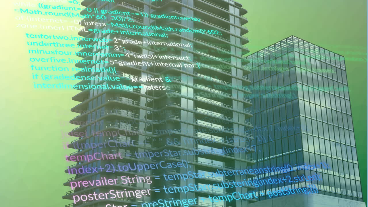 Animation of multicolored computer language over modern buildings against gradient background