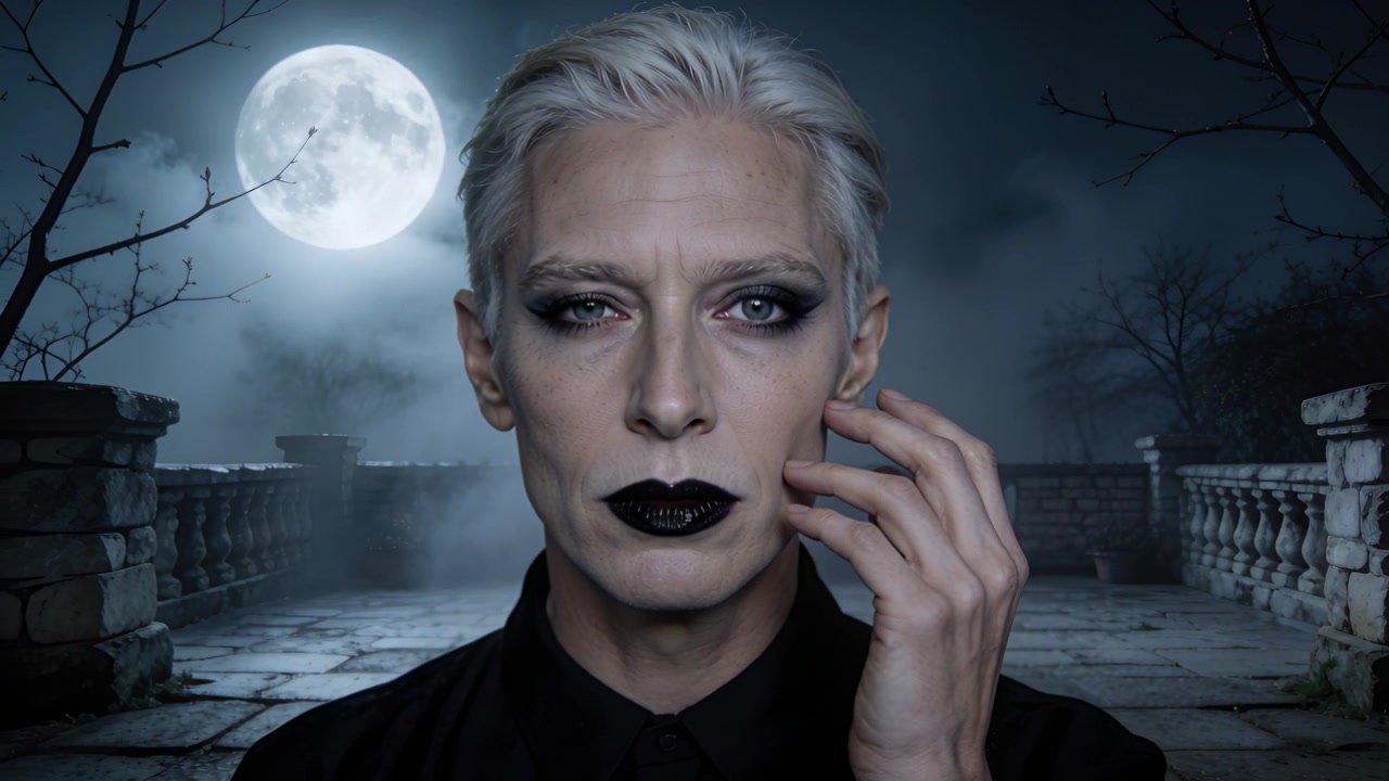 Opening eye, man sliding right hand along cheek on terrace under full moon, black top, lipstick