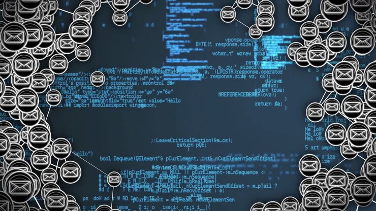 Computercode en netwerkverbindingen, gegevensverwerkingsanimatie over een blauwe achtergrond.