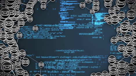 codice informatico e connessioni di rete, animazione di elaborazione dei dati su sfondo blu