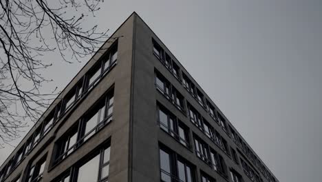 low angle view of a gray concrete building with numerous dark windows, emphasizing stark urban geometry against a cloudy sky, with bare tree branches adding a touch of nature to the urban scene