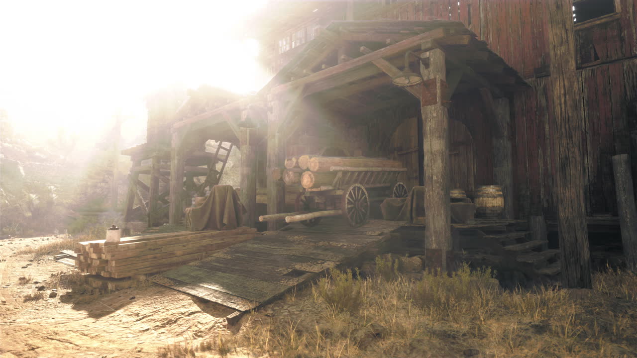 granero de madera de época con vagón de madera