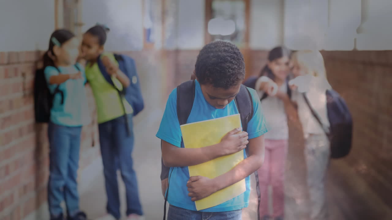 animación digital de un niño siendo intimidado por los compañeros de clase en la escuela 4k