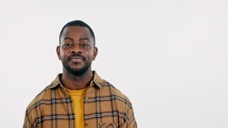 Pointing-to-mockup,-happy-or-black-man-in-studio