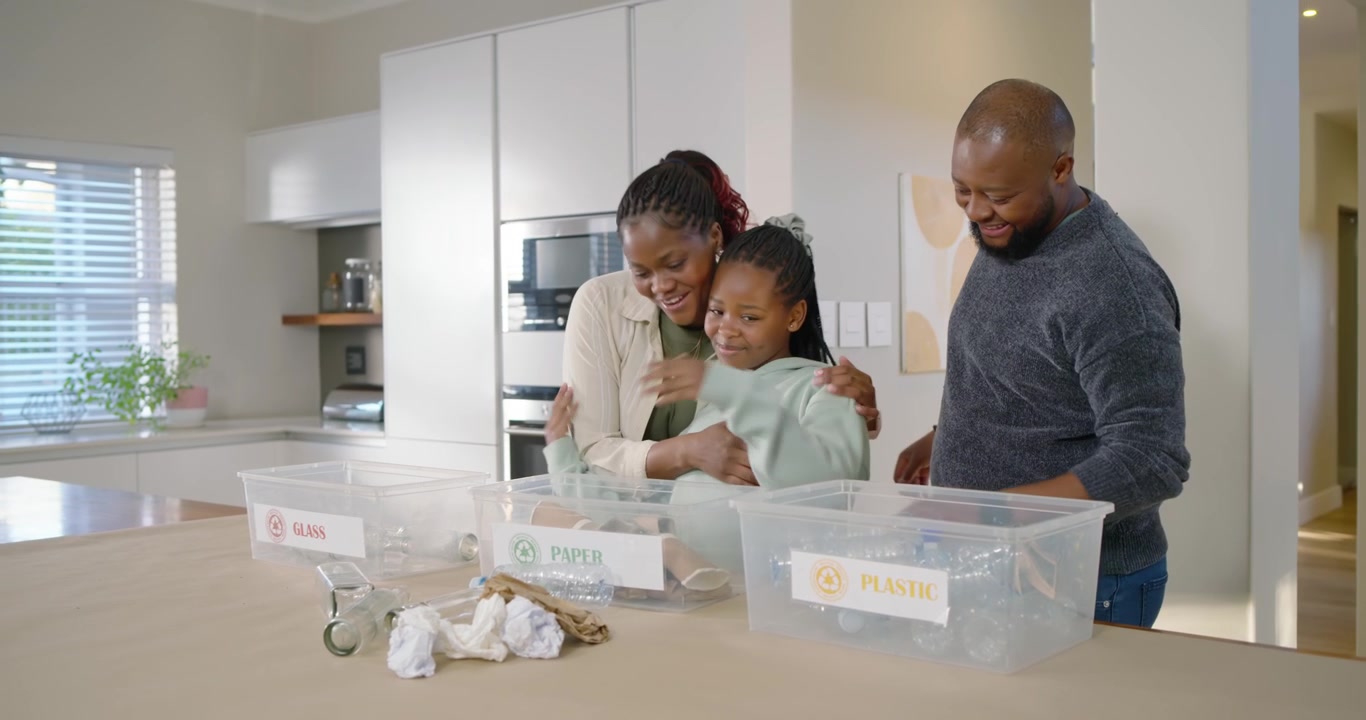 African American family watching girl sorting for recycling into bins in kitchen parents arriving
