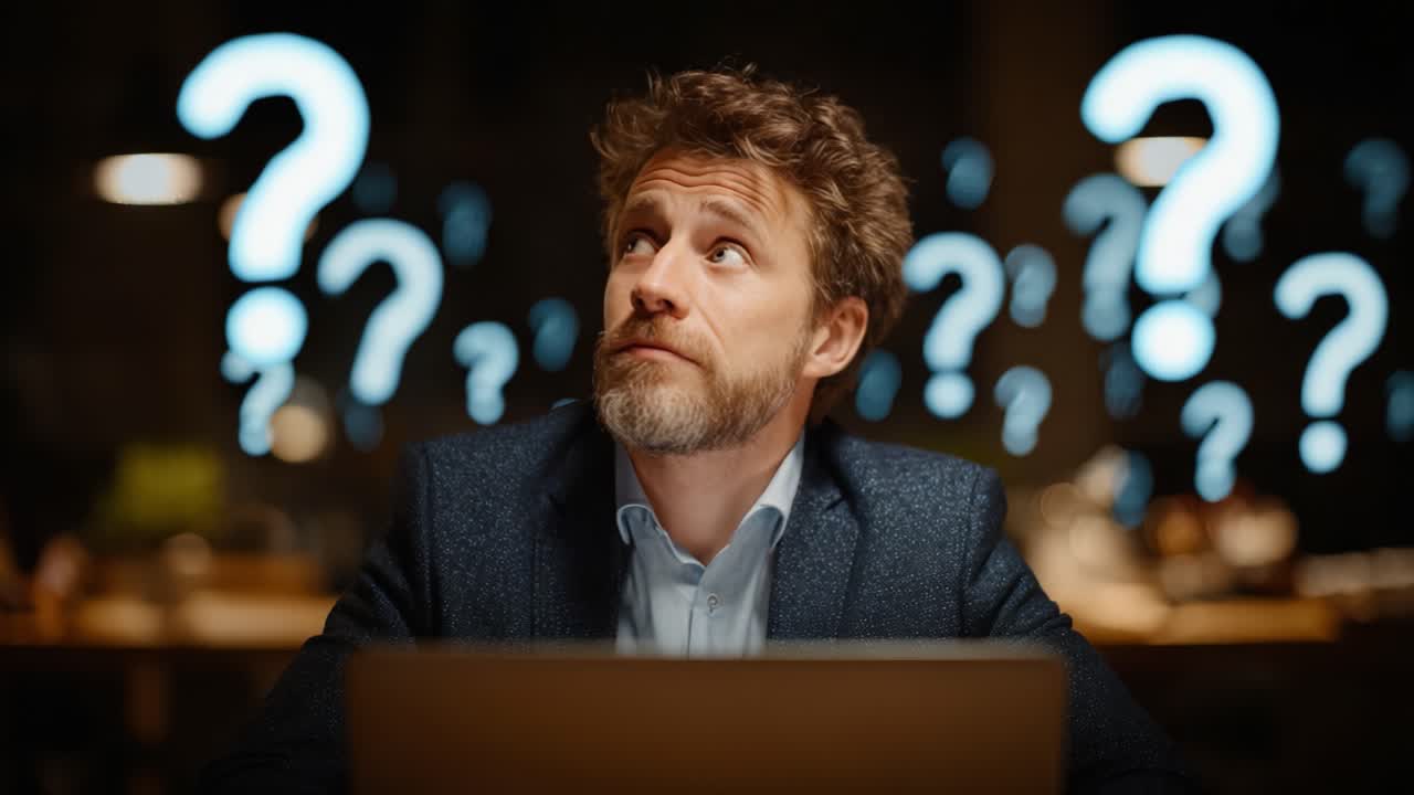 A Thought-Provoking Moment: A Man Contemplates Questions in a Dimly Lit Room, Surrounded by Floating Question Marks Indicating Curiosity and Uncertainty