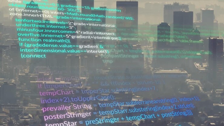 Animation of multicolored computer language over aerial view of modern cityscape
