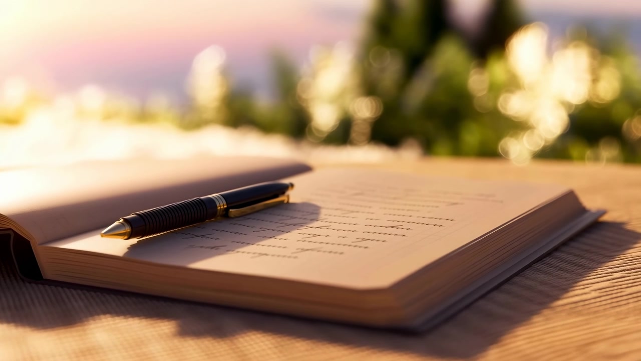 Open notebook with black pen resting across textured wooden table in warm sunset light, with blurred greenery, bright bokeh, peaceful outdoor mood, soft depth, creative workspace, with notebook, pen