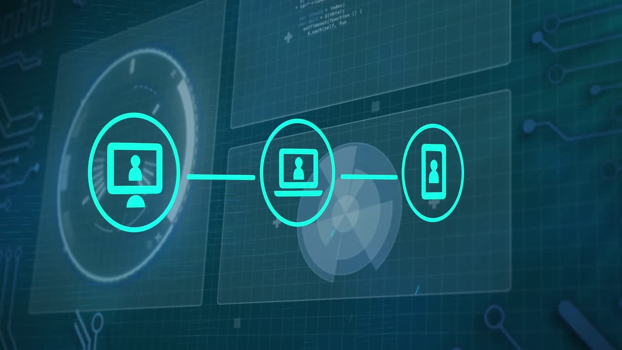Animation of connected media icons over data processing and charts on interface
