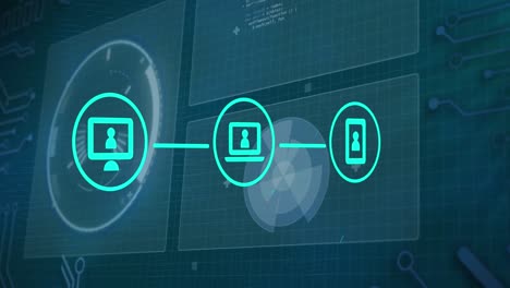 Animation-of-connected-media-icons-over-data-processing-and-charts-on-interface