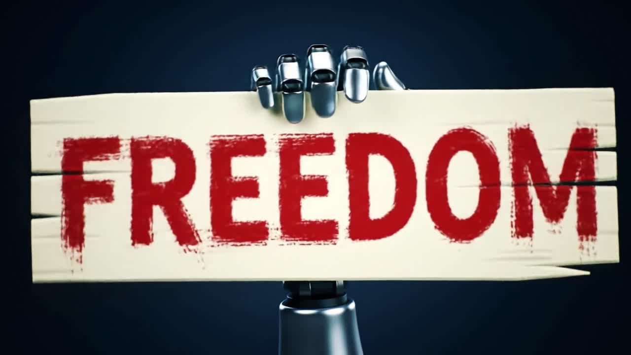 A powerful representation of freedom, showcasing a robotic hand gripping a wooden sign emblazoned with the word 'FREEDOM' in bold red letters against a dark background