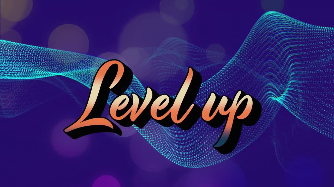 Animation of level up text with dynamic waves and lens flares over blue background