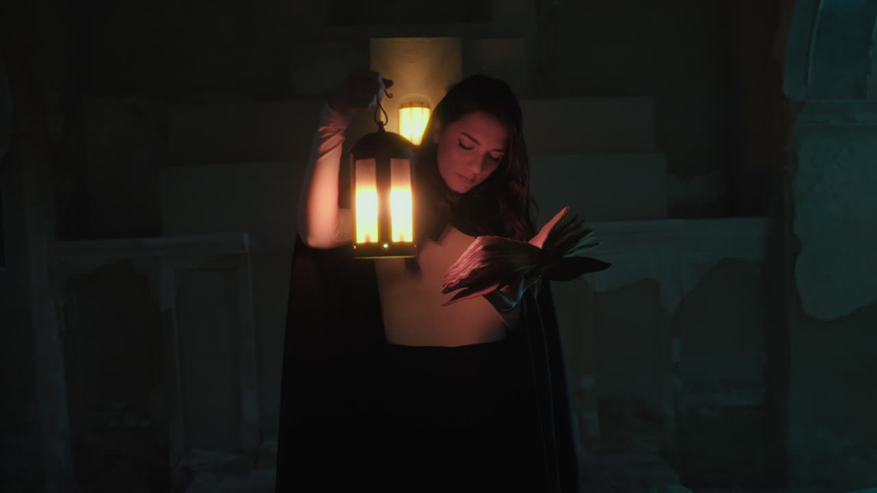 una mujer lee misterios en un libro mágico en una antigua cueva por la noche con una linterna.