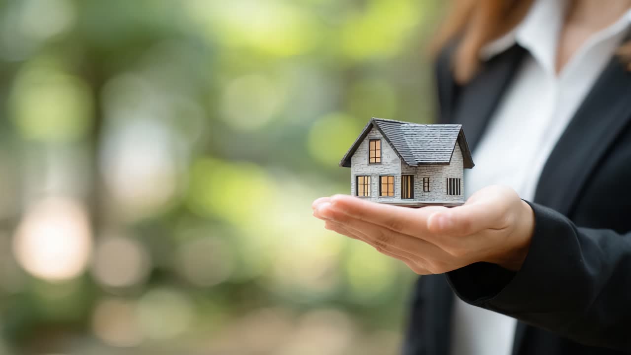 Un professionista che tiene in mano un modello di casa in miniatura, che simboleggia opportunità immobiliari, proprietà immobiliare o investimenti e sviluppo edilizio