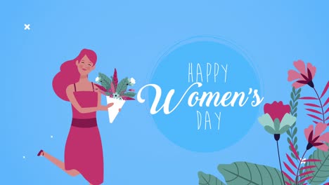 happy womens day lettering card with woman lifting roses bouquet