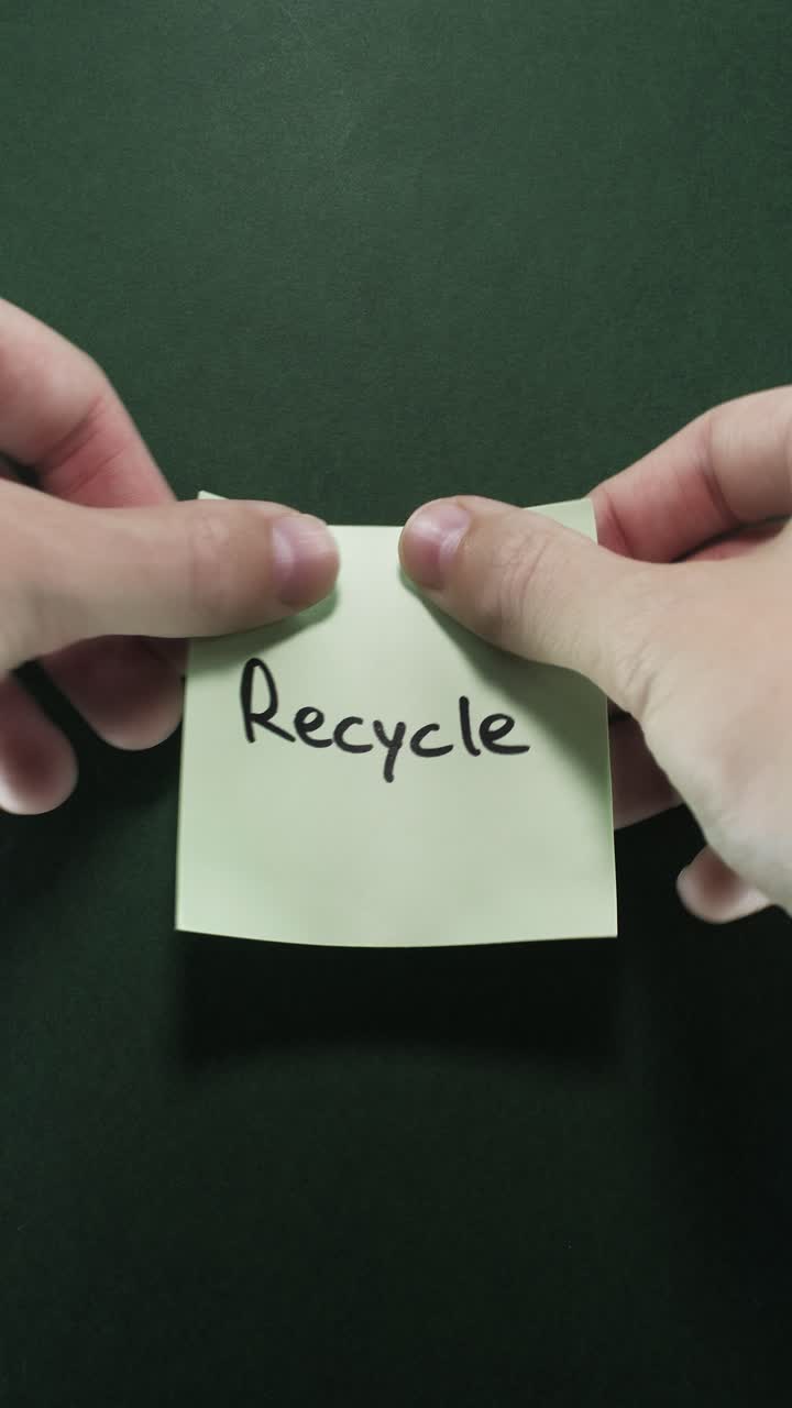 Hands posting Recycle sticky note on dark green wall, presenting eco awareness