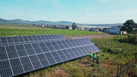 drone, engineering or people with solar panels