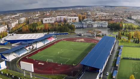 aerial view of a city stadium and park