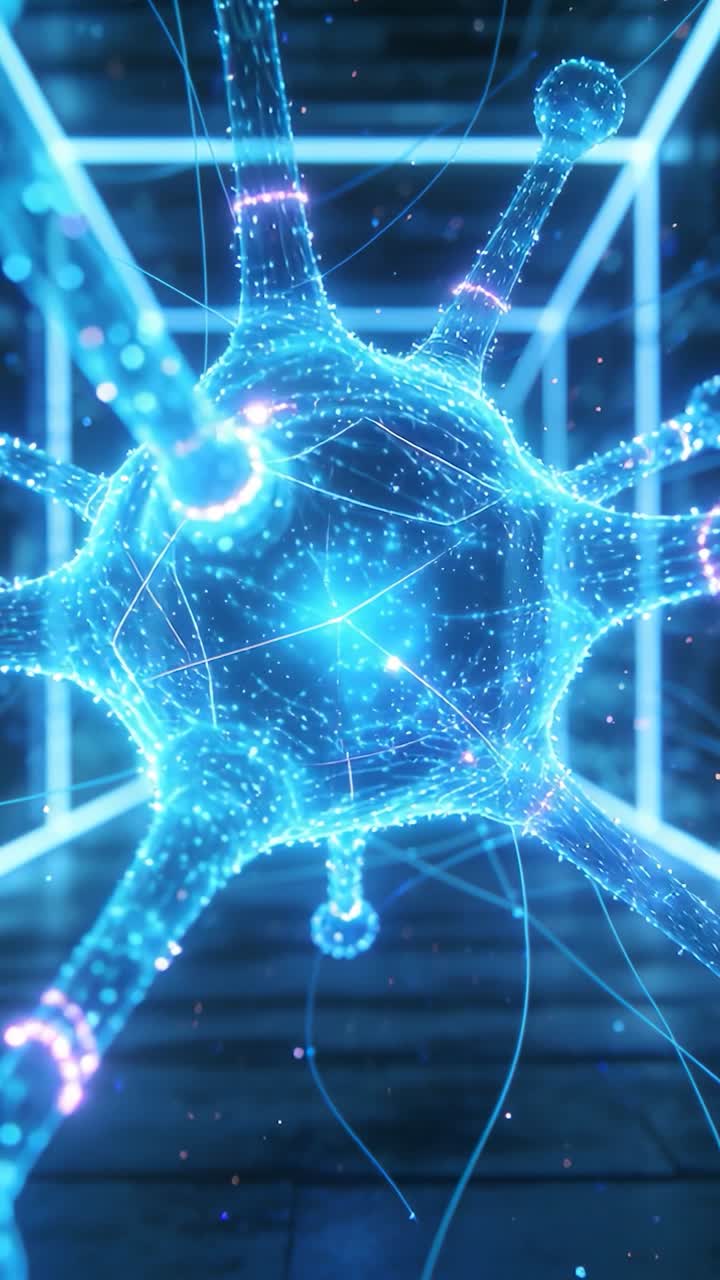 Vertical video: Zooming camera entering wireframe cube to reveal glowing neural sphere pulsing