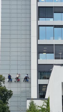 window cleaners working on high-rise building