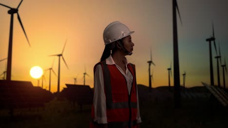 side view of asian female engineer in a helmet standing in front of wind turbines rotating at sunset, looking around and shaking her head