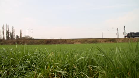 Freight-train-passing-through-a-rural-landscape,-viewed-from-grass-level,-serene-day