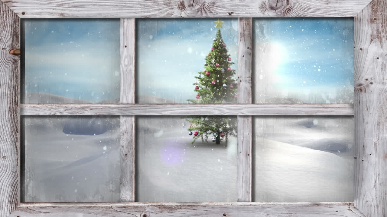 анимация окна с видом рождественской елки и зимнего пейзажа