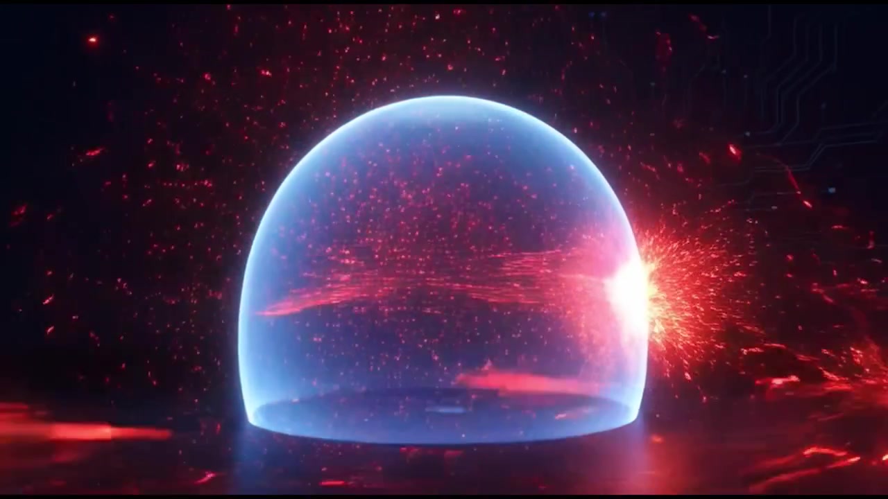 Blue Energy Shield Deflecting Fiery Digital Attack