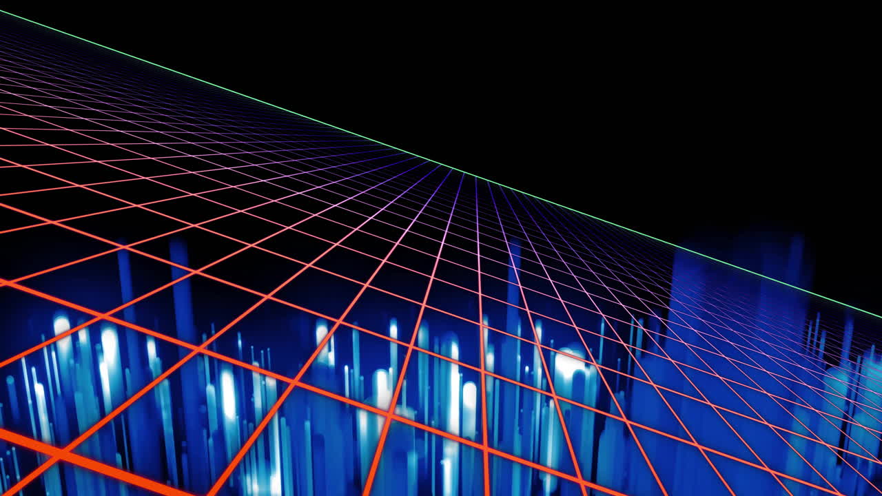 In animation, glowing vertical lines overlaying red grid on blue digital cityscape