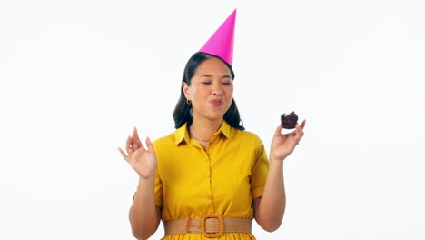 Face,-celebration-and-woman-with-cupcake