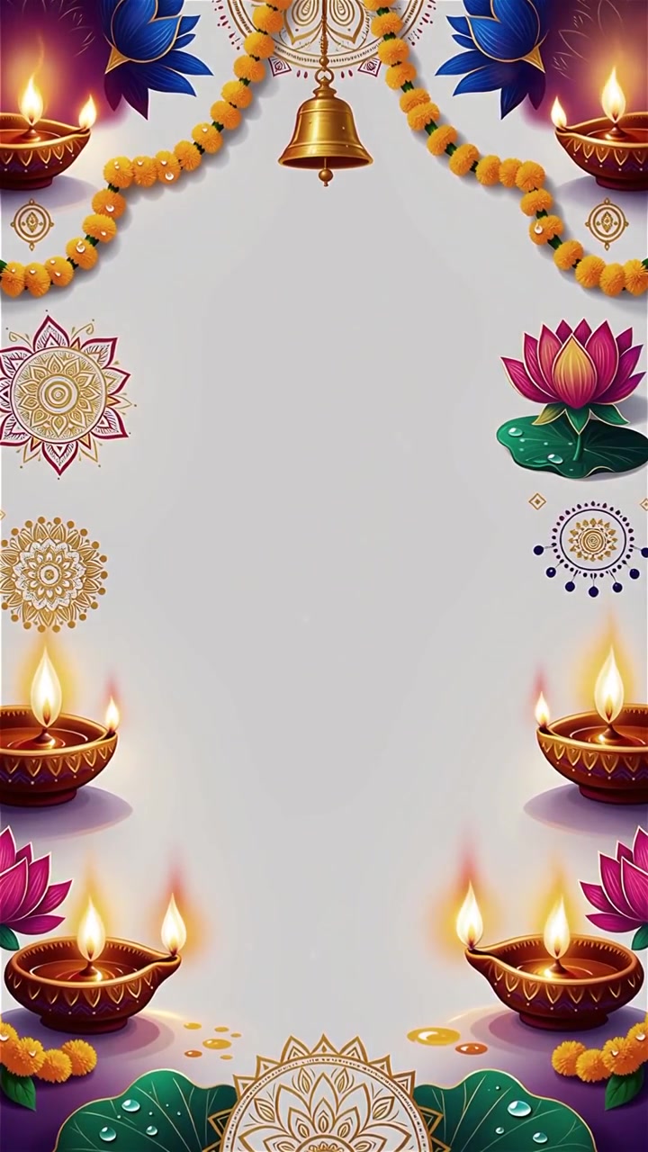 Sfondo Diwali con Diyas luminosi, Rangoli e fiori di loto