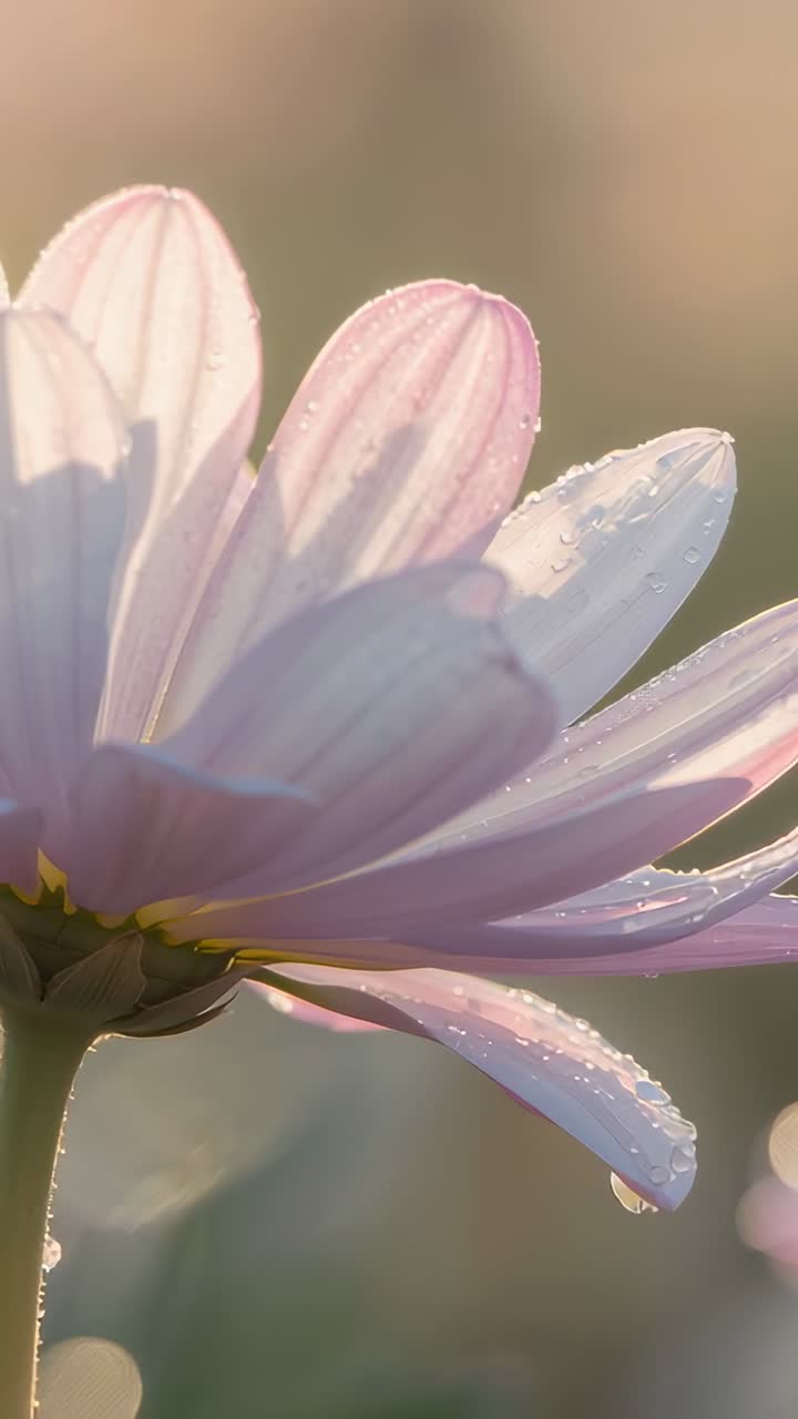 Video verticale: singolo fiore di margherita rosa immerso nella calda luce dell'alba che si sposta nel giardino, formando una goccia di rugiada