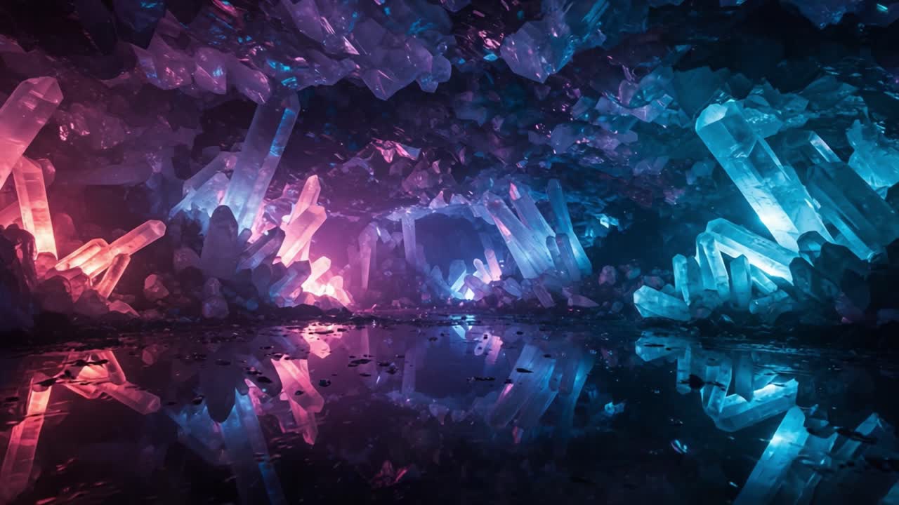 An Enchanting Crystal Cave Awash with Vibrant Colors and Reflections, Showcasing Iridescent Crystals Glowing Softly in a Mystical Underground Landscape