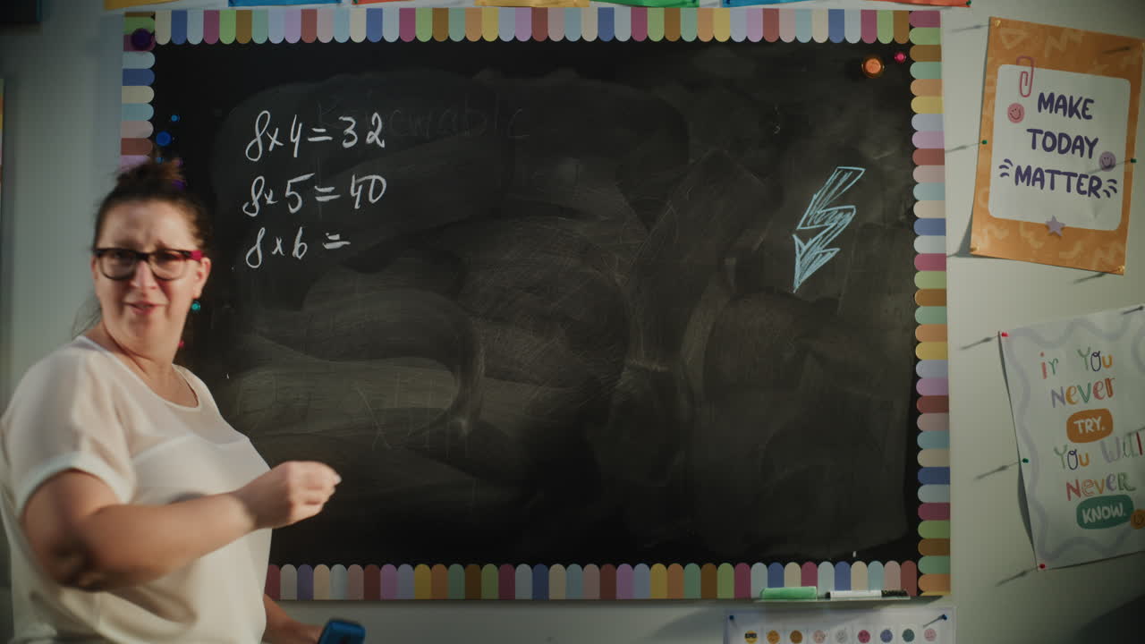 Back View of Female Teacher Writing Multiplication Table on the Chalkboard
