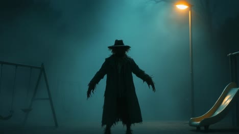 Mysterious figure in dark coat and hat stands in eerie playground illuminated by streetlight