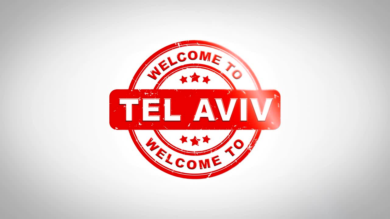 Welcome to TEL AVIV Signed Stamping Text Wooden Stamp Animation. Red Ink on Clean White Paper Surface Background with Green matte Background Included.