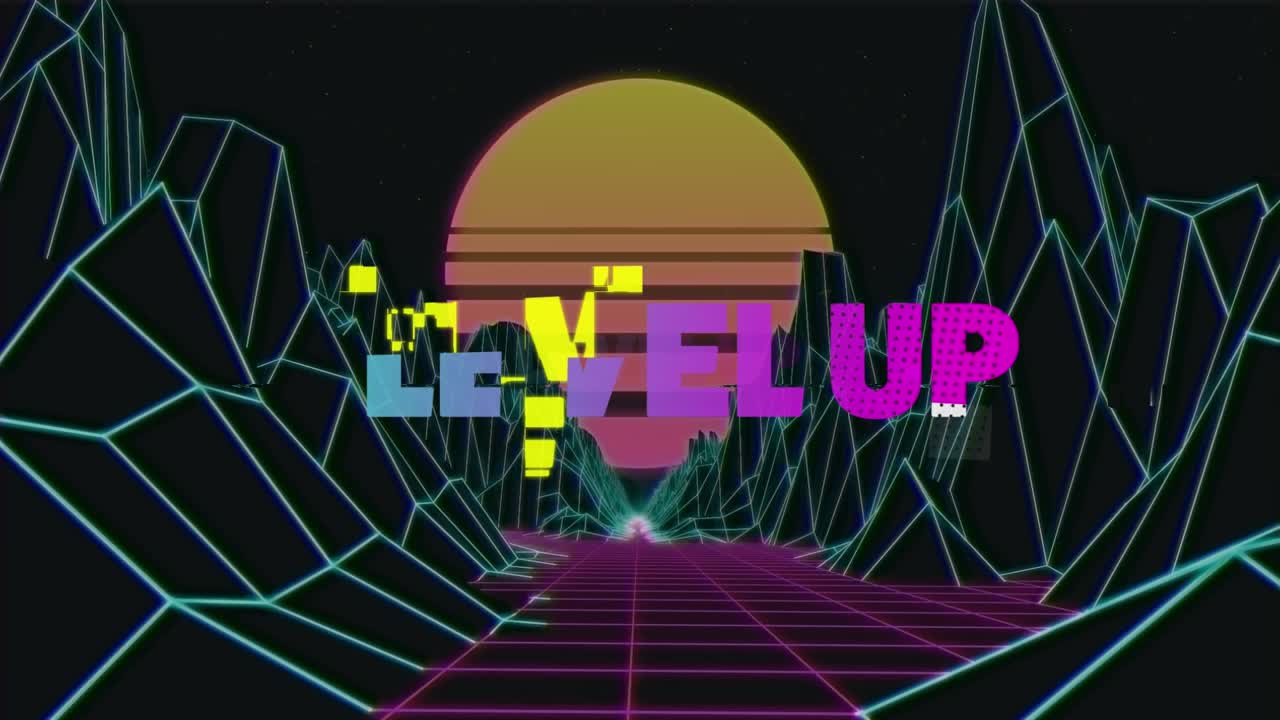 Animation of glitch effect on level up text banner against metaverse structures on black background