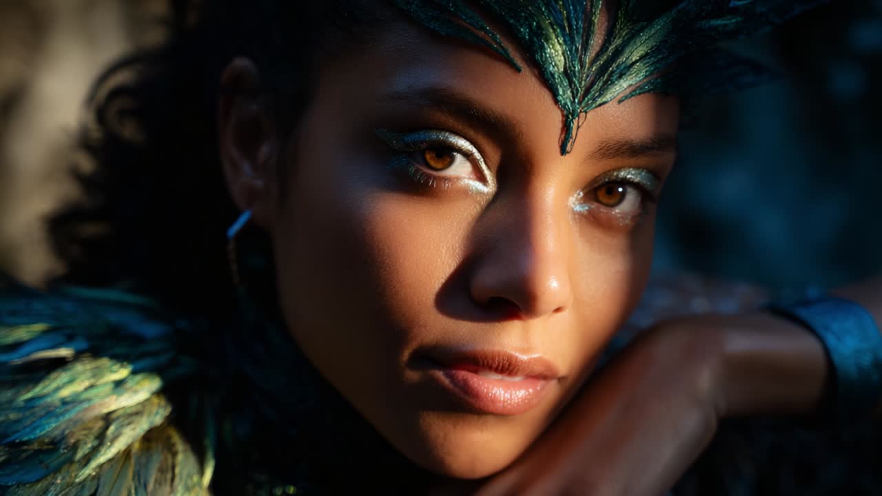 Close-up portrait of a beautiful woman with feathered headwear and dramatic makeup