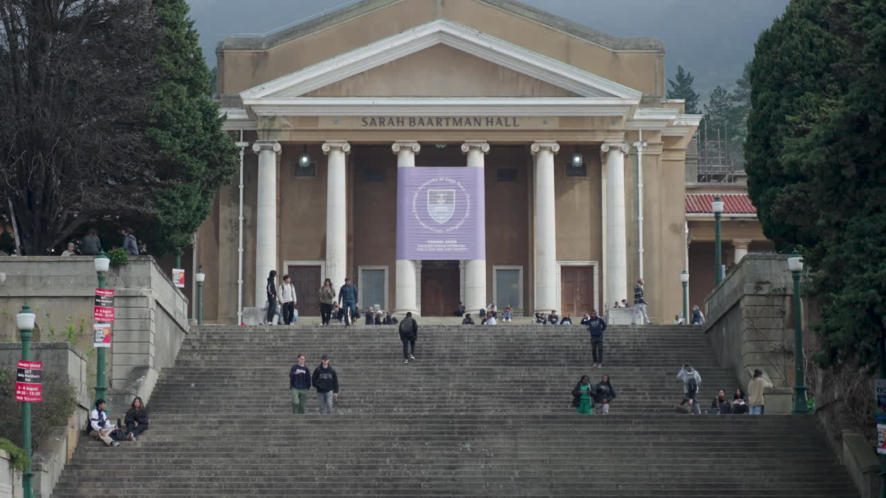 Young college students on the main campus steps of the University of Cape Town with Sarah Baartman Hall in background.